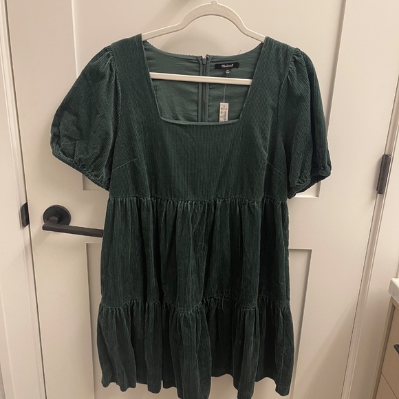 Madewell: Corduroy Aidy Square-Neck Tiered Mini Dress in Forest - Picture 6 of 9